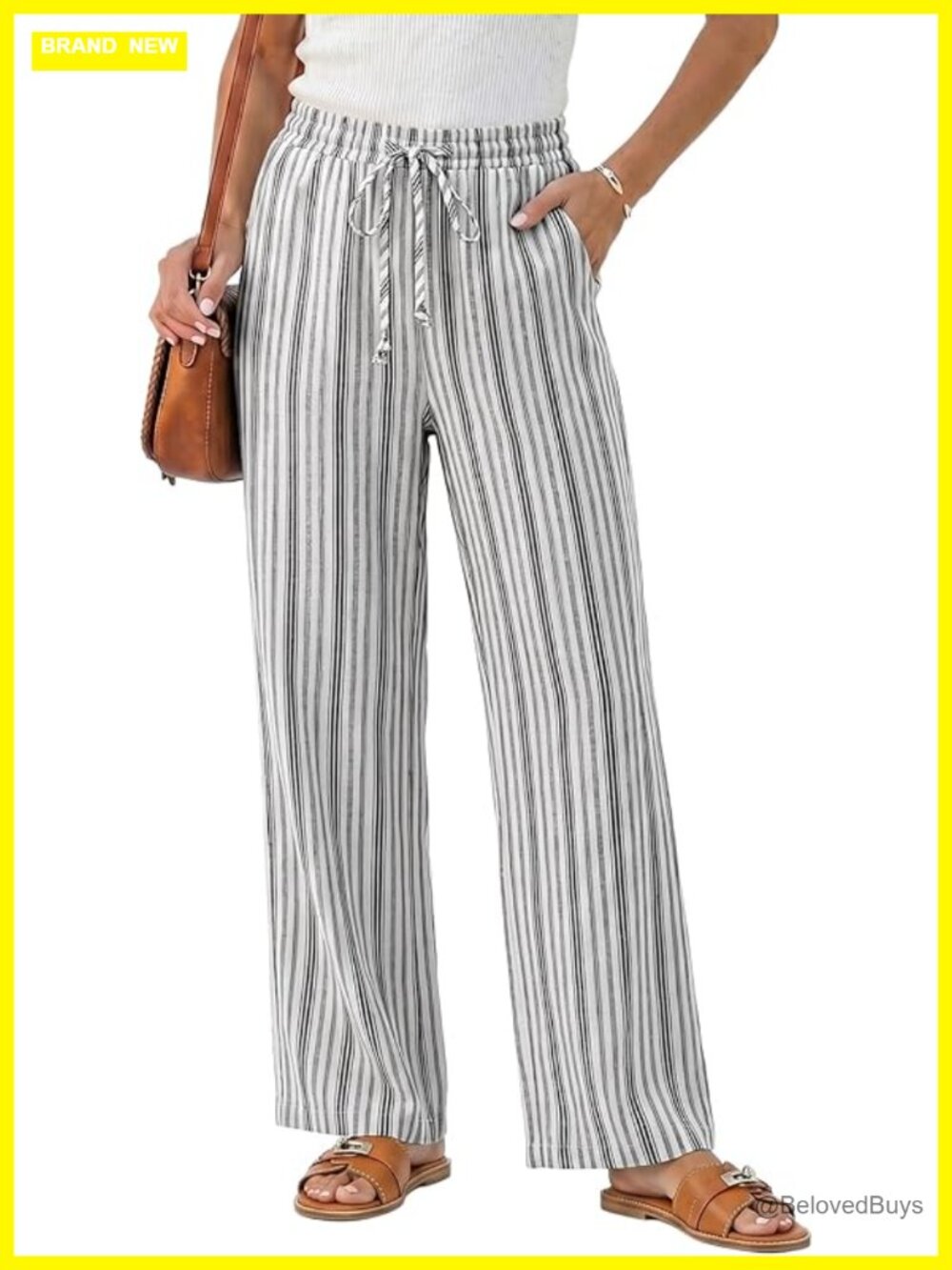 Women's Stripe Linen Blend Wide Leg Pull On Elastic Waist Palazzo Pants